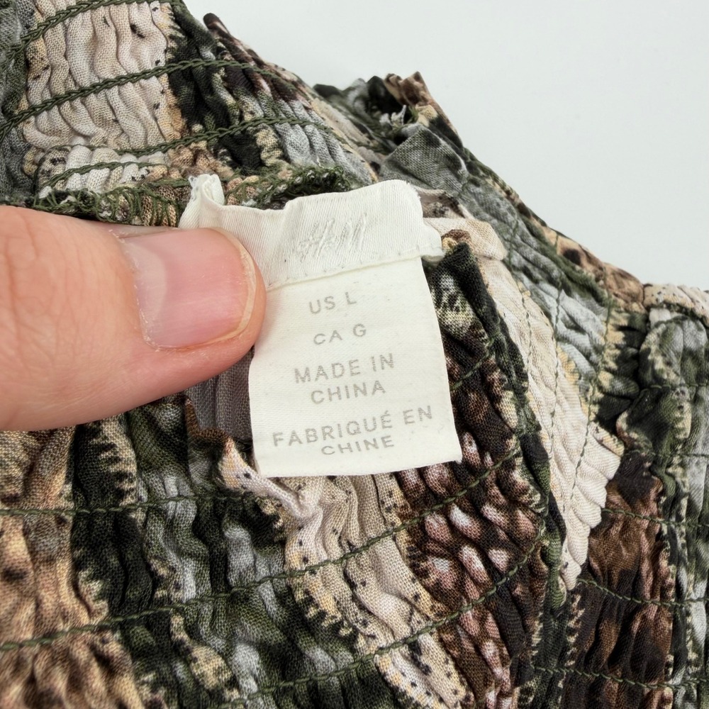 H&M Women L Multi Snakeskin Geometric Smocked Mock Neck Mini Dress Boho Balloon - Picture 3 of 6